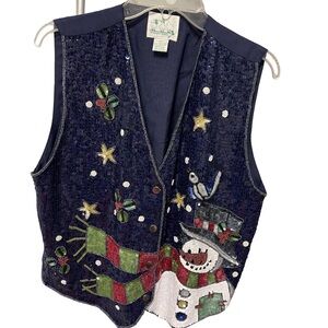 Vintage Quacker Factory Women’s Christmas Vest Sequins Snowman w/Tie Back Sz M